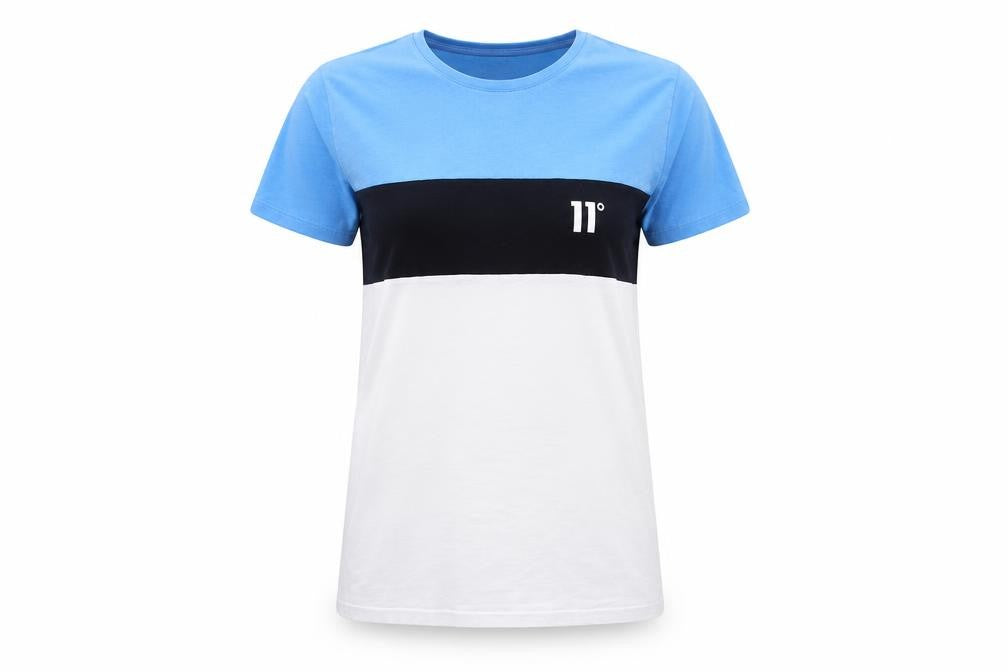 11 Degrees Womens Blue Colourblock Cotton Basic T-Shirt Size 14 Crew Neck