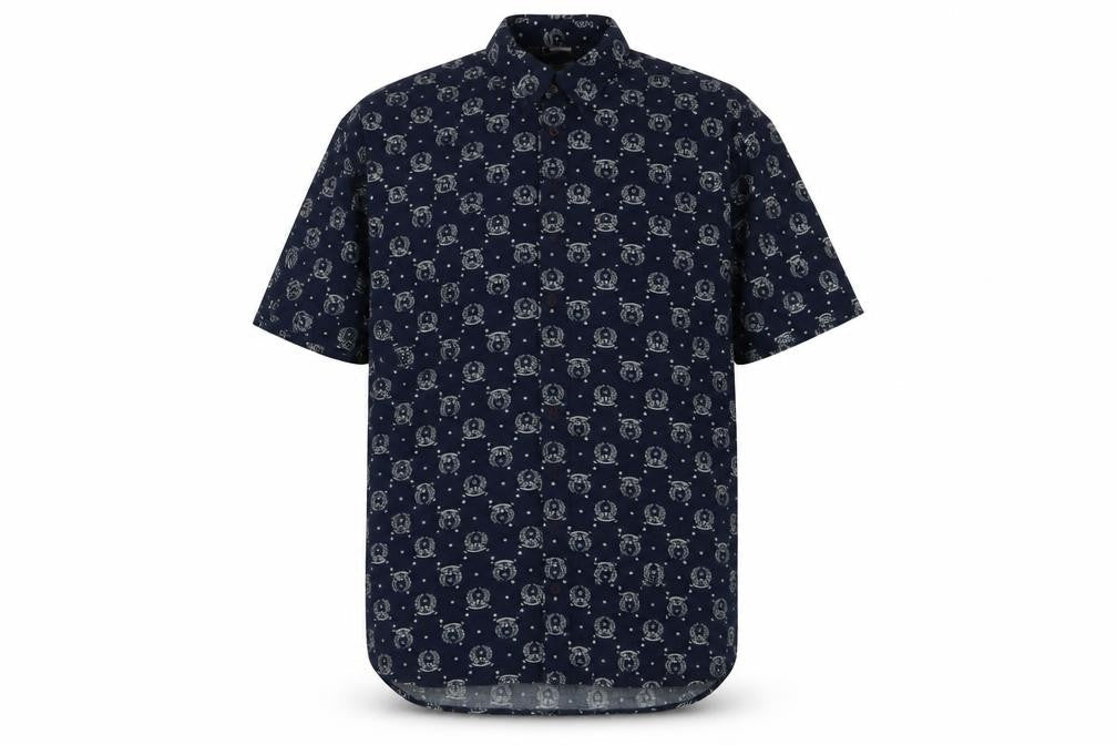 Pelaco Mens Blue Geometric Polyester  Button-Up Size L Collared Button