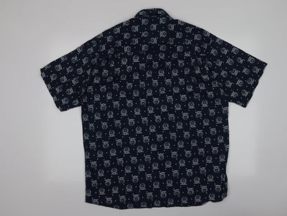 Pelaco Mens Blue Geometric Polyester  Button-Up Size L Collared Button