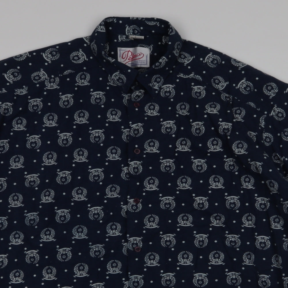 Pelaco Mens Blue Geometric Polyester  Button-Up Size L Collared Button