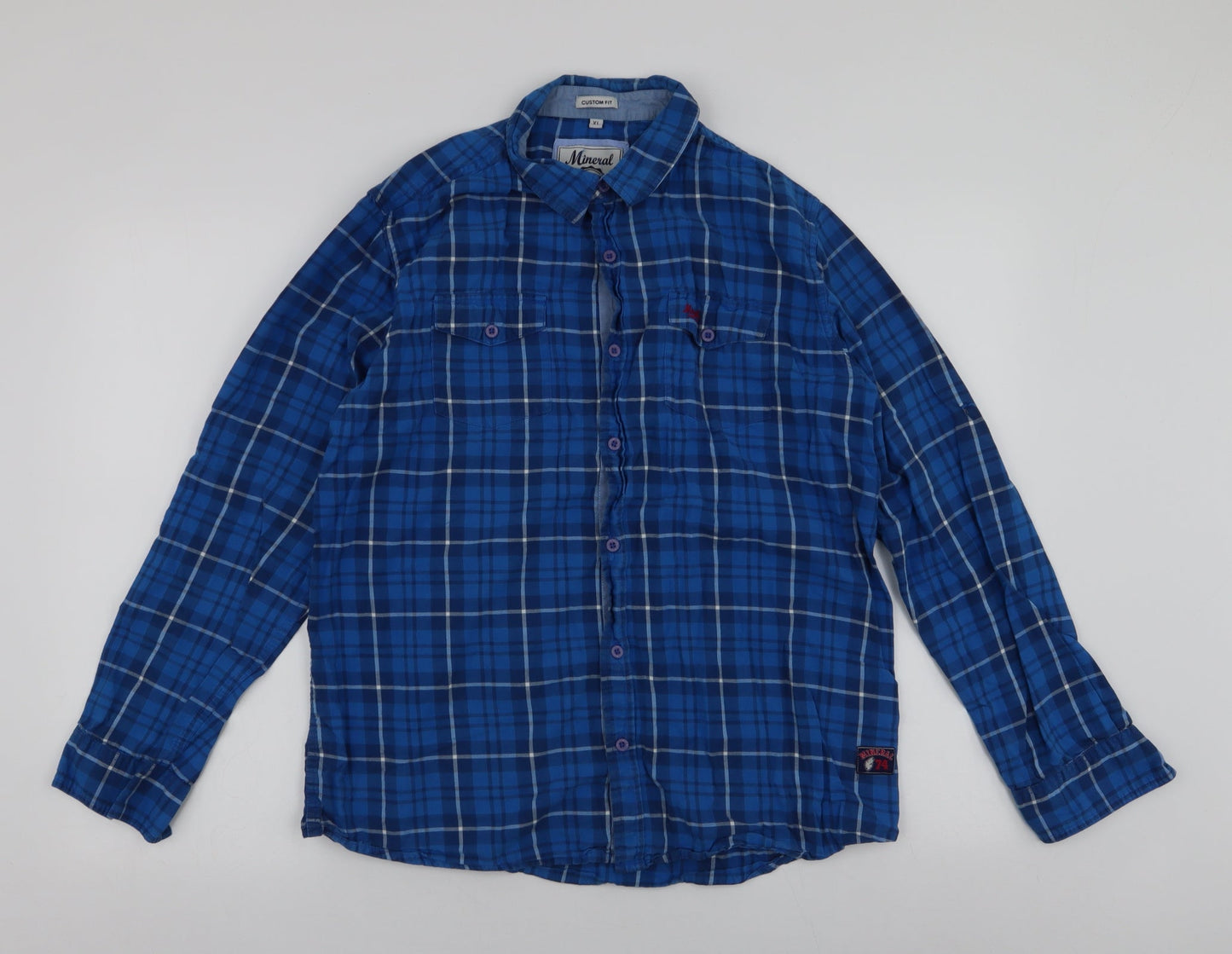 Mineral  Mens Blue Plaid Cotton  Button-Up Size XL Collared Button
