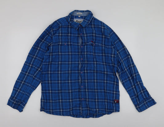 Mineral  Mens Blue Plaid Cotton  Button-Up Size XL Collared Button