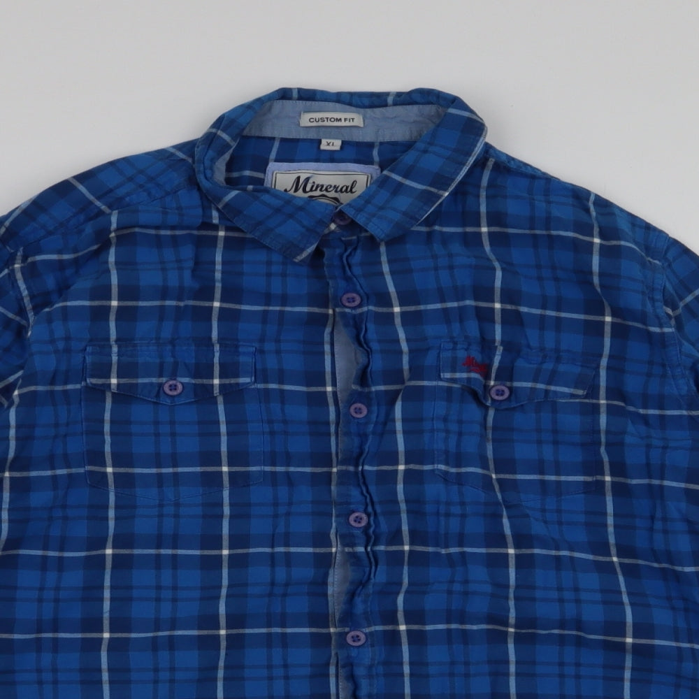 Mineral  Mens Blue Plaid Cotton  Button-Up Size XL Collared Button
