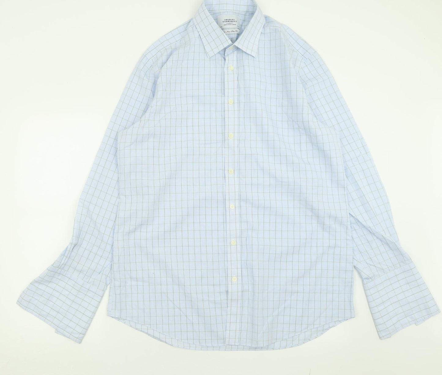 Charles Tyrwhitt Mens Blue Plaid Polyester  Button-Up Size 17 Collared Button
