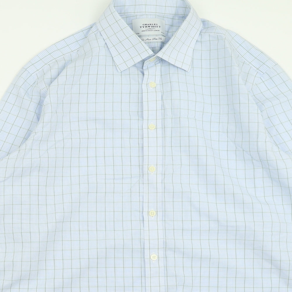 Charles Tyrwhitt Mens Blue Plaid Polyester  Button-Up Size 17 Collared Button