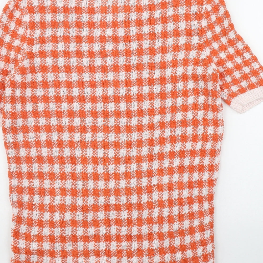 Marks and Spencer Womens Orange Round Neck Check Viscose Pullover Jumper Size 10