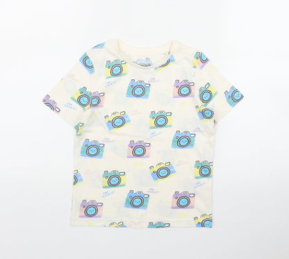 Tu Boys Ivory Geometric Cotton Basic T-Shirt Size 5-6 Years Round Neck Pullover - Camera print