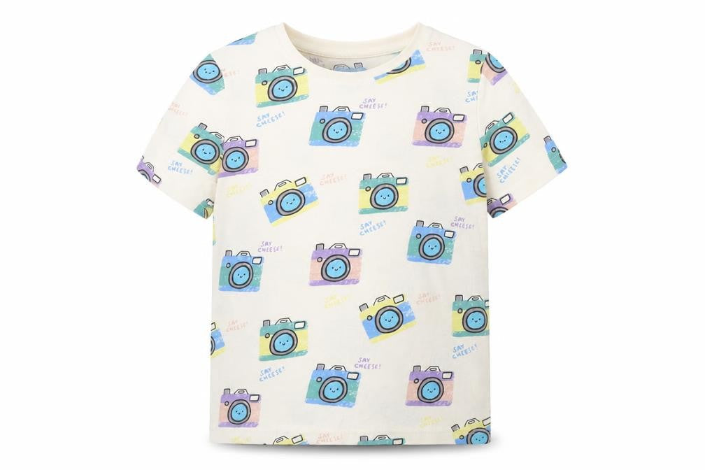 TU Boys Ivory Geometric Cotton Basic T-Shirt Size 5-6 Years Round Neck Pullover - Camera print
