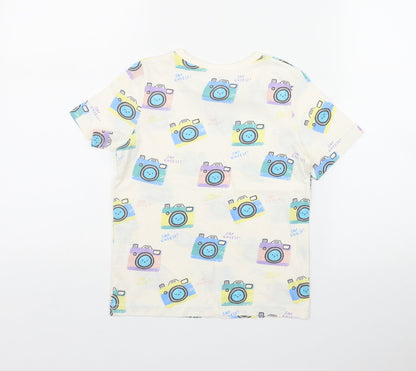 Tu Boys Ivory Geometric Cotton Basic T-Shirt Size 5-6 Years Round Neck Pullover - Camera print