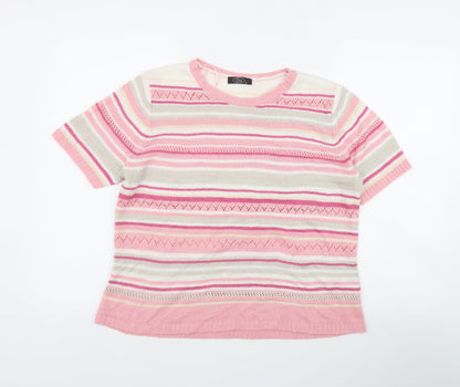 Bonmarché Womens Pink Round Neck Striped Acrylic Pullover Jumper Size M