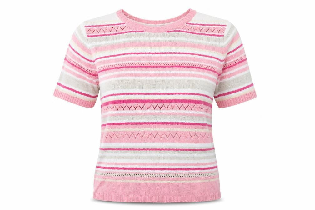Bonmarché Womens Pink Round Neck Striped Acrylic Pullover Jumper Size M