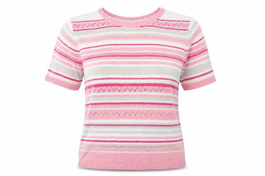 Bonmarché Womens Pink Round Neck Striped Acrylic Pullover Jumper Size M