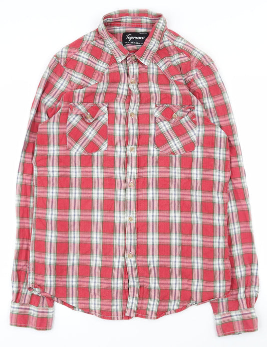 Topman Mens Red Plaid Polyester  Button-Up Size L Collared Button