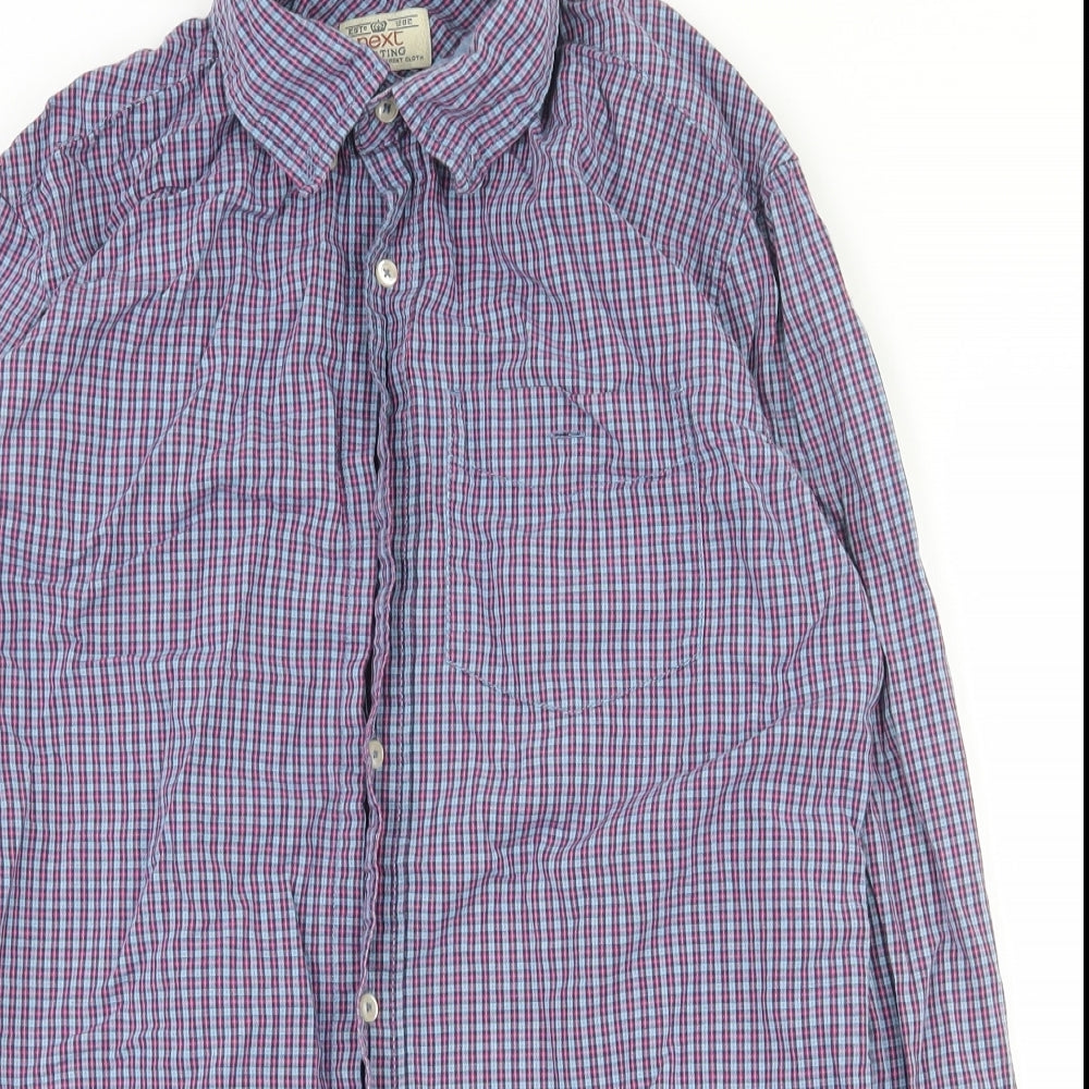 NEXT Mens Blue Plaid Cotton  Button-Up Size S Collared Button