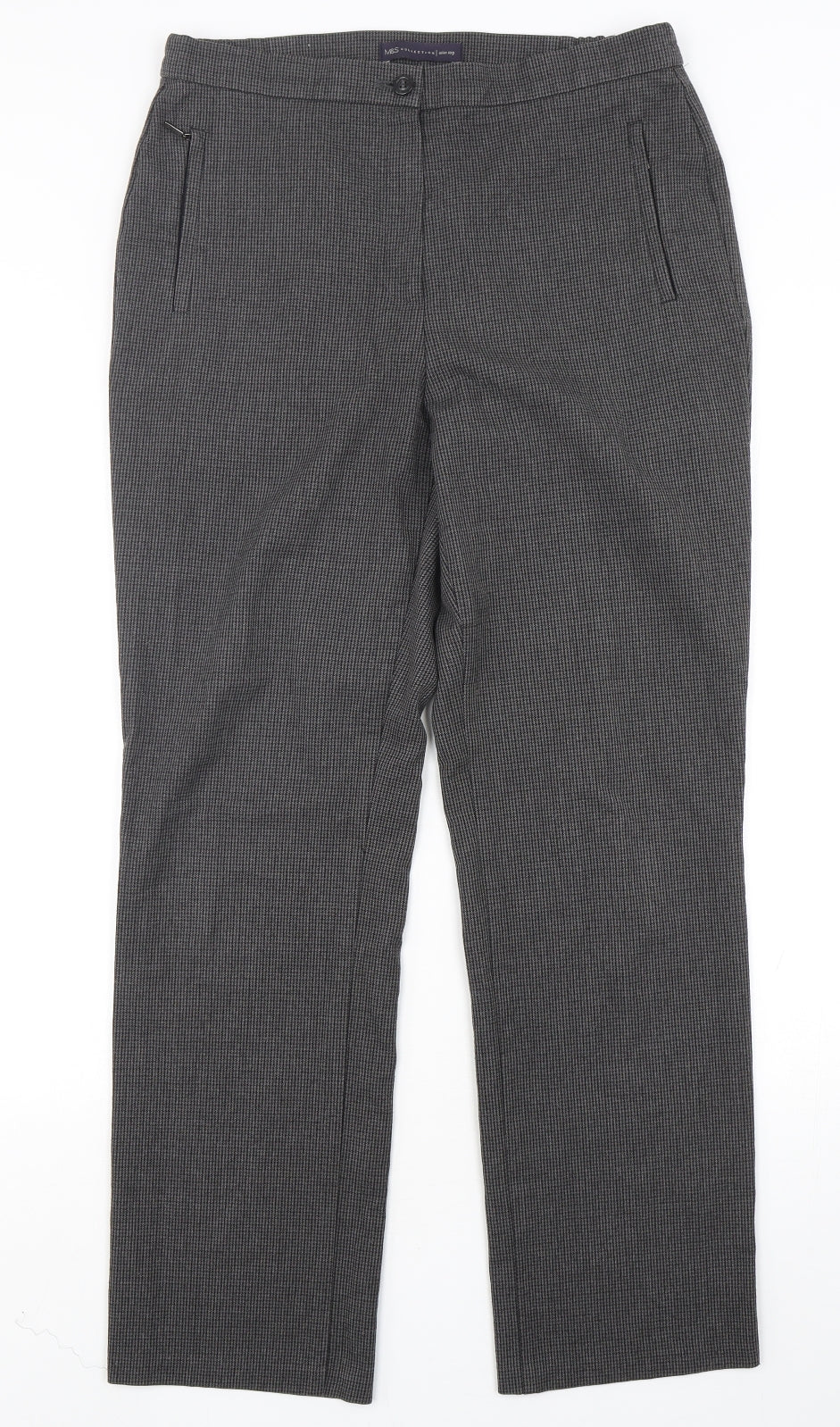 Marks and Spencer Womens Grey Houndstooth Polyester Trousers  Size 10 L30 in Slim