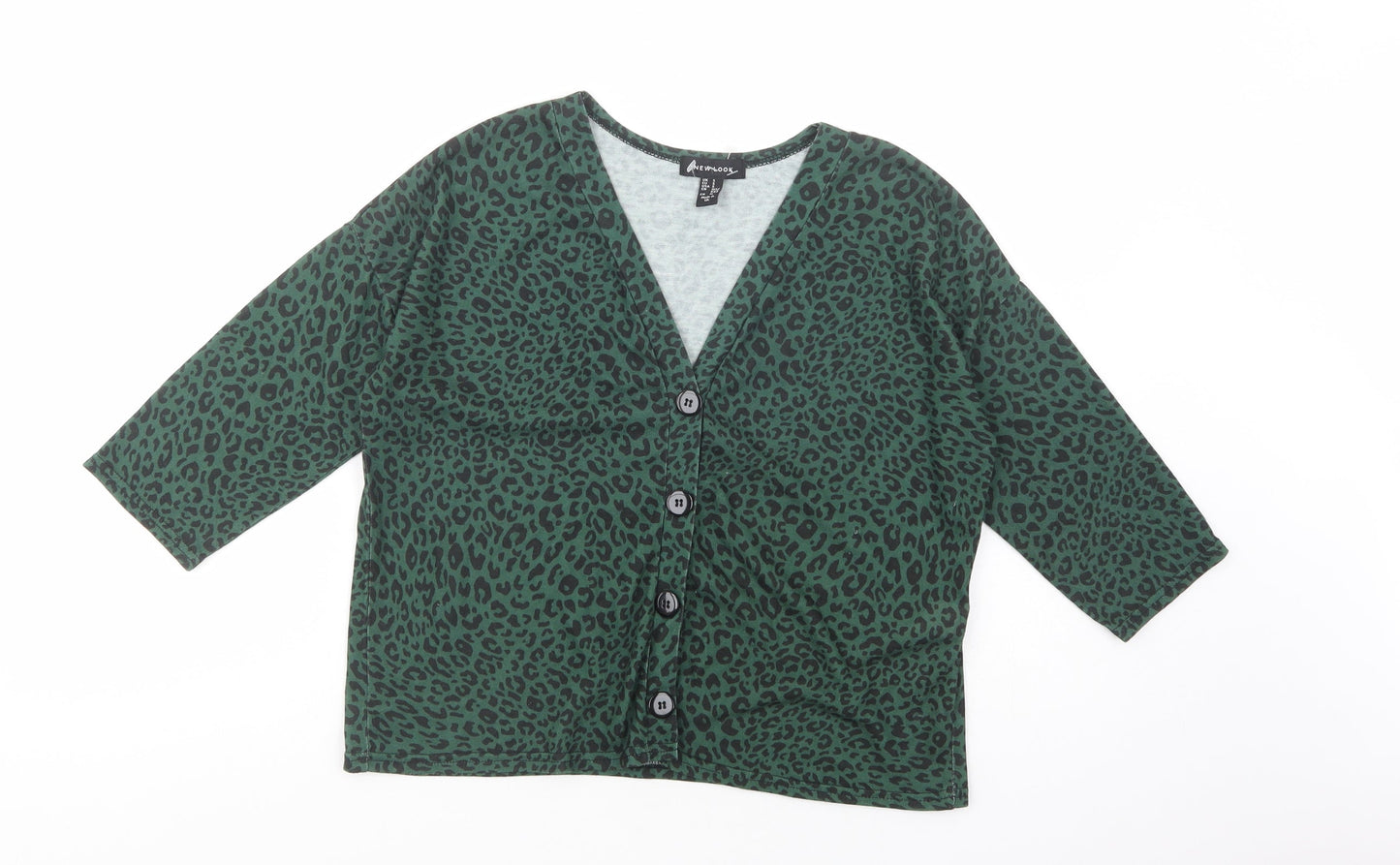 New Look Womens Green Animal Print Polyester Basic Button-Up Size S V-Neck