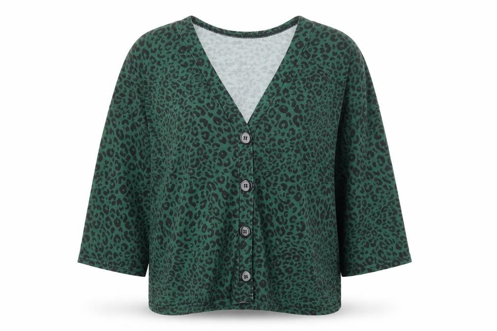 New Look Womens Green Animal Print Polyester Basic Button-Up Size S V-Neck