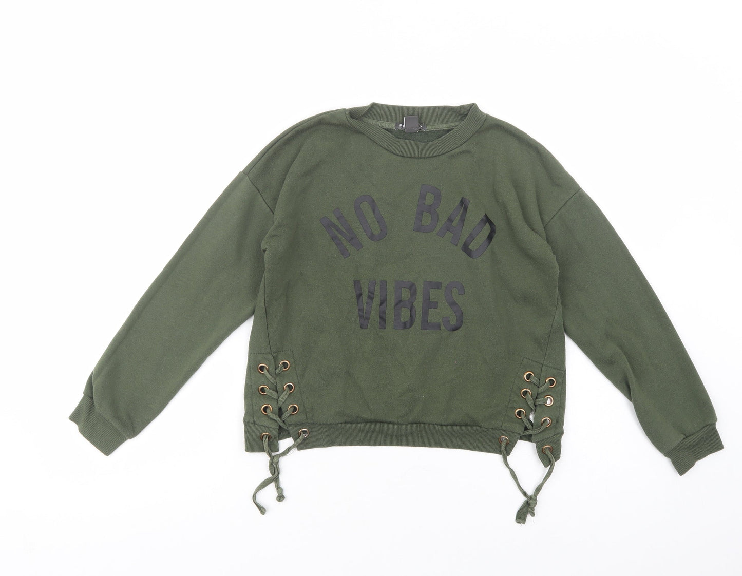 Primark Girls Green  Polyester Pullover Sweatshirt Size 11-12 Years  Pullover - No Bad Vibes