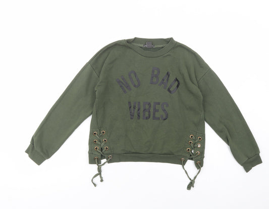 Primark Girls Green  Polyester Pullover Sweatshirt Size 11-12 Years  Pullover - No Bad Vibes