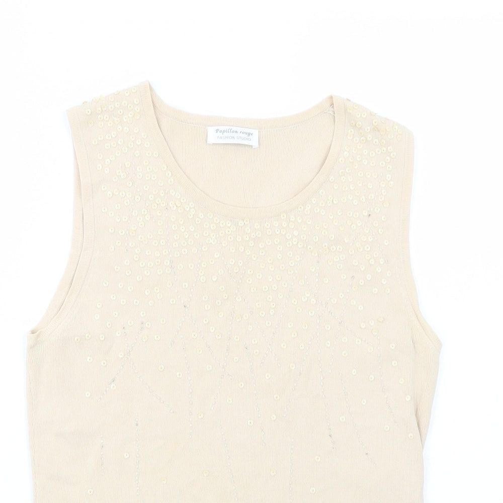 Papillon Rouge Womens Beige  Viscose Basic Blouse Size L Scoop Neck