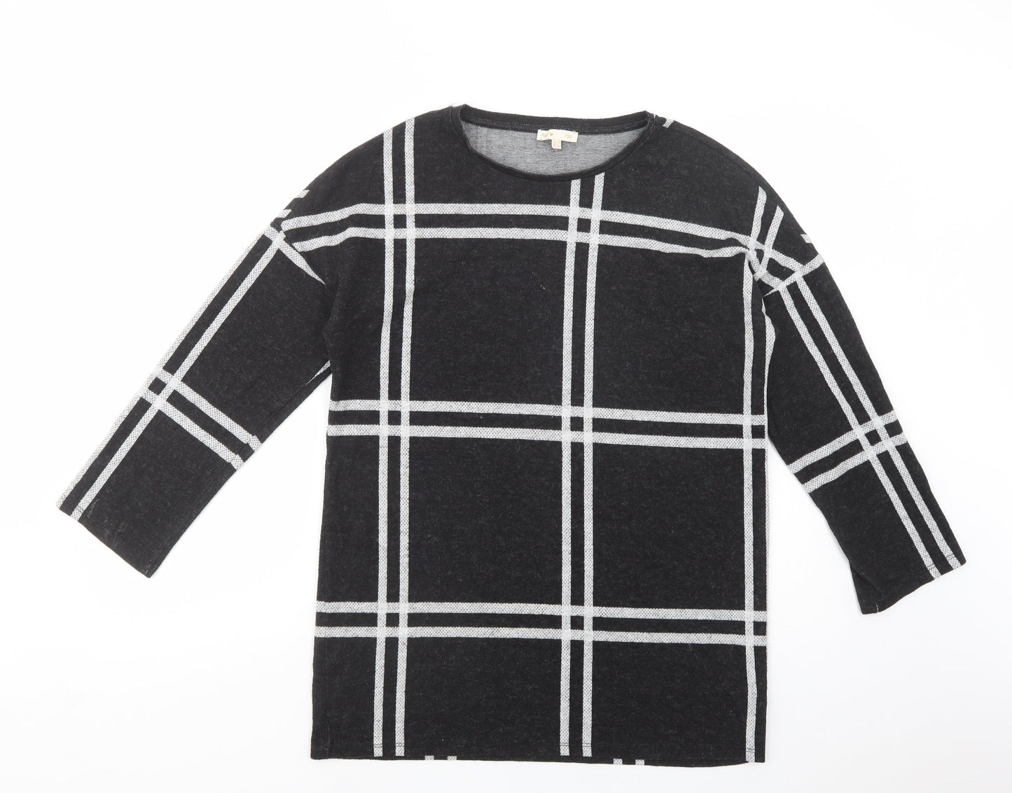 F&F Womens Black Crew Neck Plaid Polyester Tunic Jumper Size 10