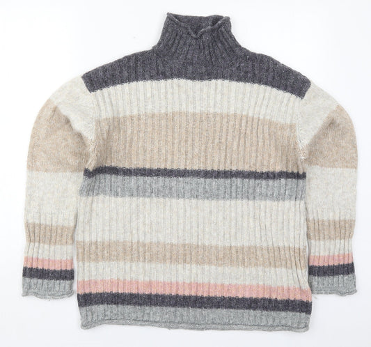 Marks and Spencer Womens Beige High Neck Striped Acrylic Pullover Jumper Size M