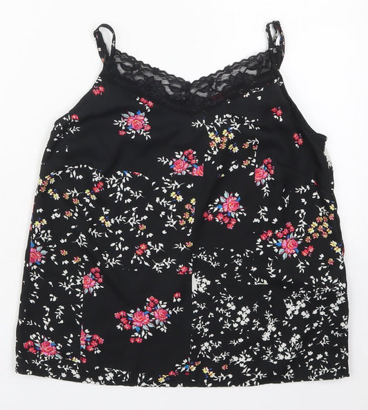 Only Womens Black Floral Polyester Basic Tank Size 6 V-Neck