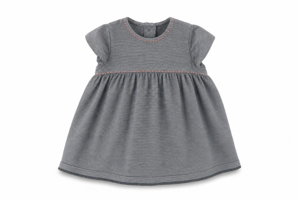 NEXT Girls Grey Striped 100% Cotton Skater Dress  Size 0-3 Months  Round Neck Button