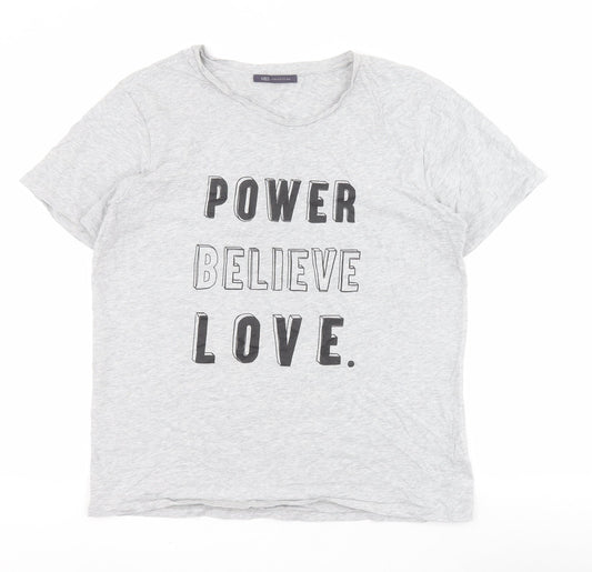 Marks and Spencer Womens Grey  100% Cotton Basic T-Shirt Size M Round Neck - Slogan