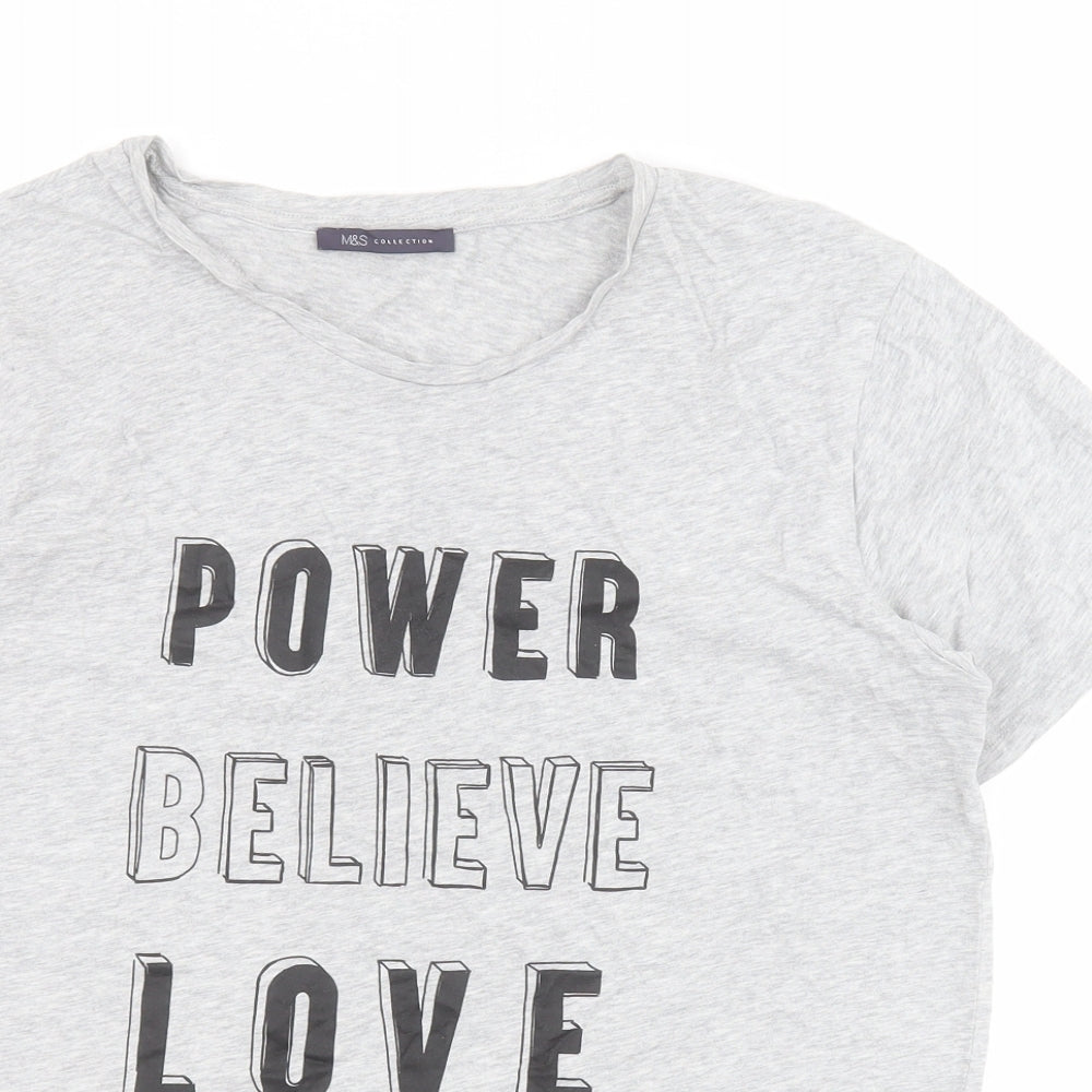 Marks and Spencer Womens Grey  100% Cotton Basic T-Shirt Size M Round Neck - Slogan