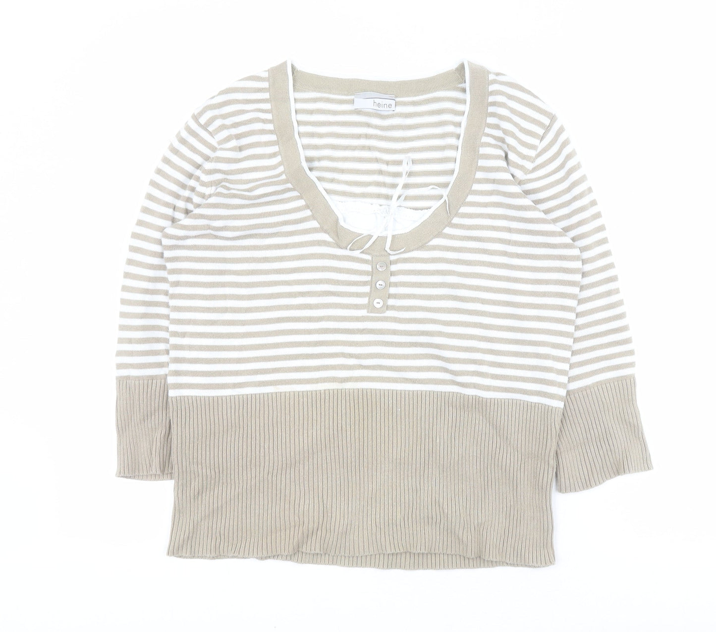 HEINE Womens Beige Scoop Neck Striped 100% Cotton Pullover Jumper Size 14