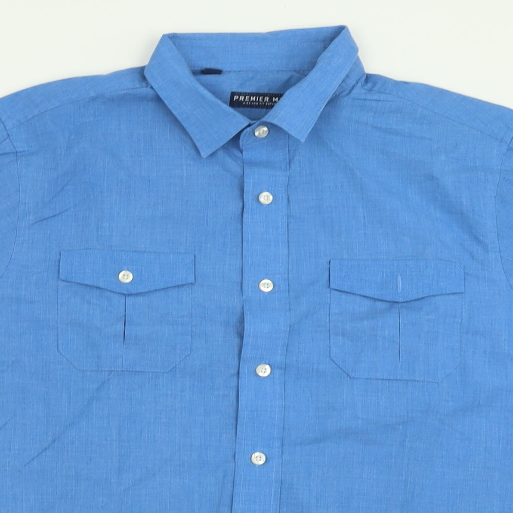 Premier MAN Mens Blue  Polyester  Button-Up Size M Collared Button