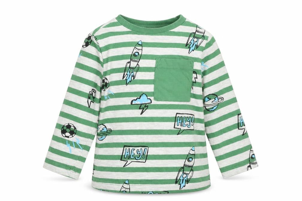 F&F Boys Green Striped Cotton Pullover T-Shirt Size 12-18 Months Crew Neck Pullover - Football