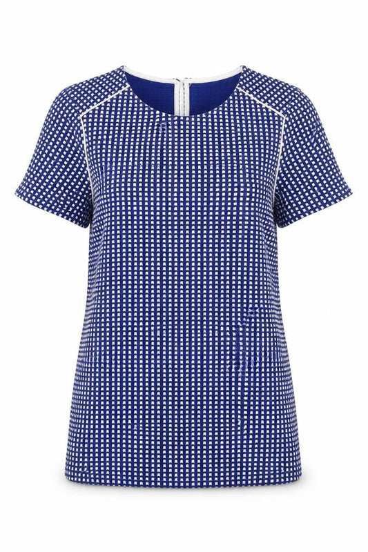 Savida  Womens Blue Check Polyester Tunic Blouse Size 8 Scoop Neck