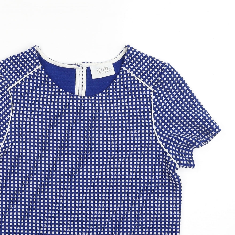 Savida  Womens Blue Check Polyester Tunic Blouse Size 8 Scoop Neck