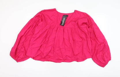 Boohoo Womens Pink  Cotton Basic Blouse Size 12 V-Neck