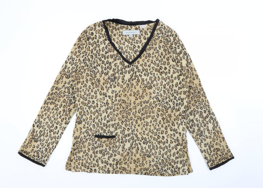 Anne Klein 2 Womens Beige V-Neck Animal Print Polyester Pullover Jumper Size M