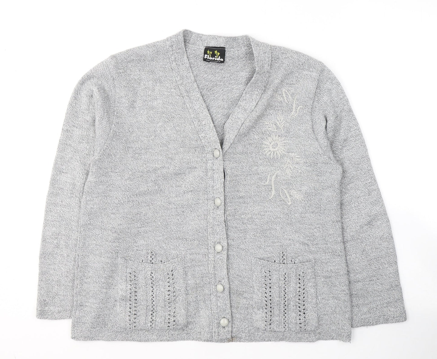 Florida Womens Grey V-Neck  Acrylic Cardigan Jumper Size S