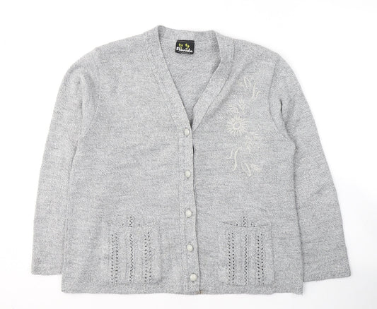 Florida Womens Grey V-Neck  Acrylic Cardigan Jumper Size S
