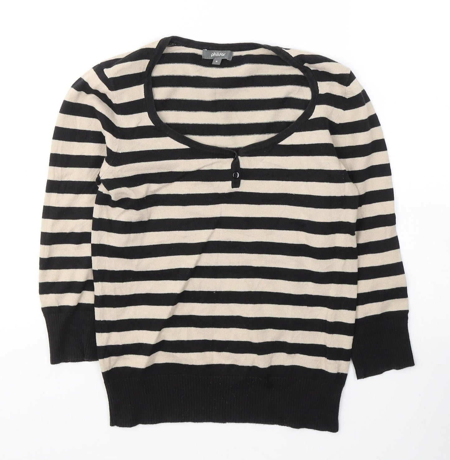 Phildar Womens Black Round Neck Striped Acrylic Pullover Jumper Size S