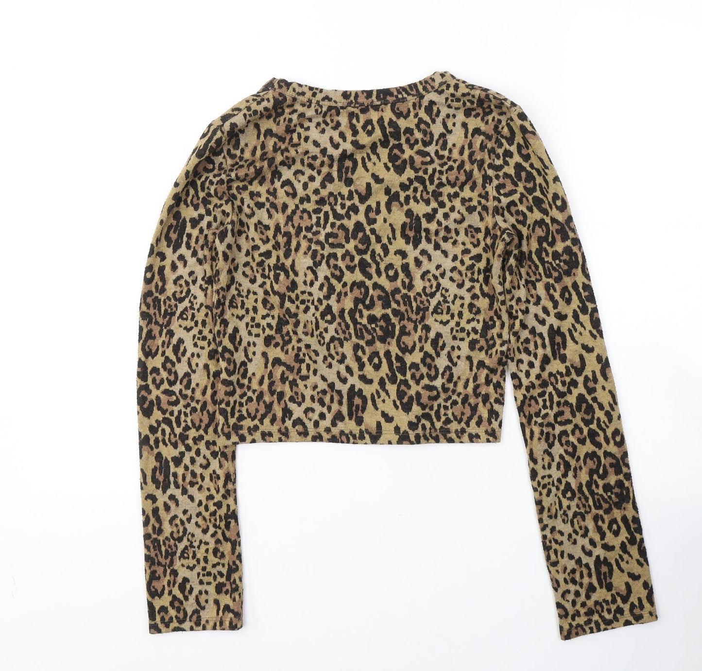 Zara Womens Beige Animal Print Cotton Cropped Blouse Size S Round Neck