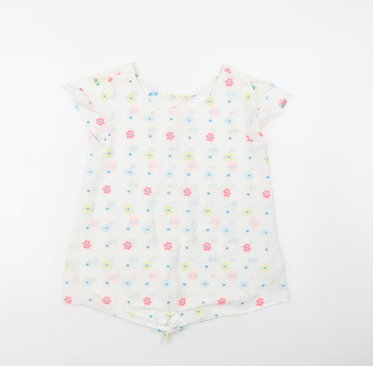 Zara Girls White Floral Cotton Basic Blouse Size 13-14 Years Crew Neck Pullover