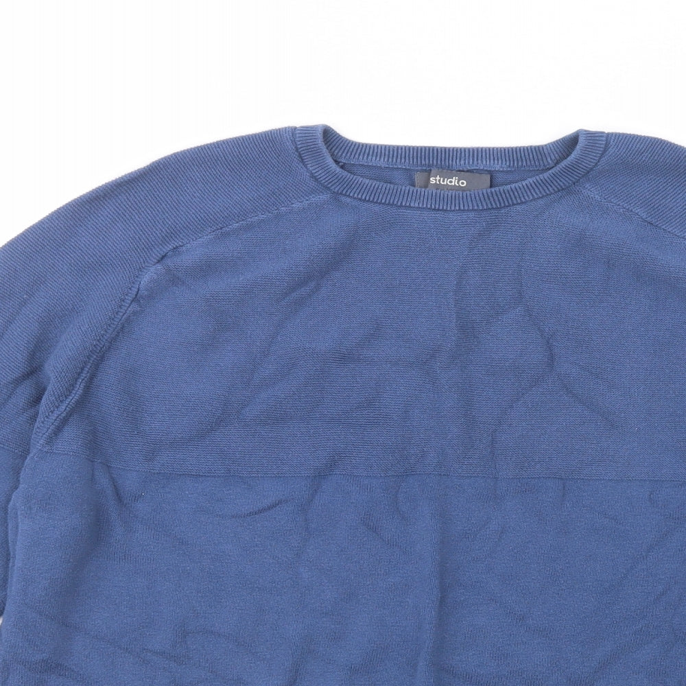 Studio Mens Blue Crew Neck  Cotton Pullover Jumper Size L