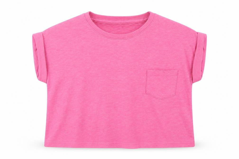 Dunnes Girls Pink  Cotton Cropped T-Shirt Size 7 Years Crew Neck Pullover - Chest Pocket