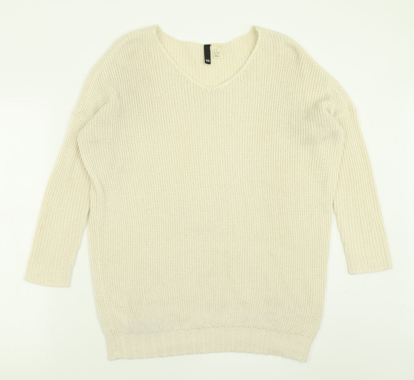 H&M Womens Ivory V-Neck  Acrylic Pullover Jumper Size XS
