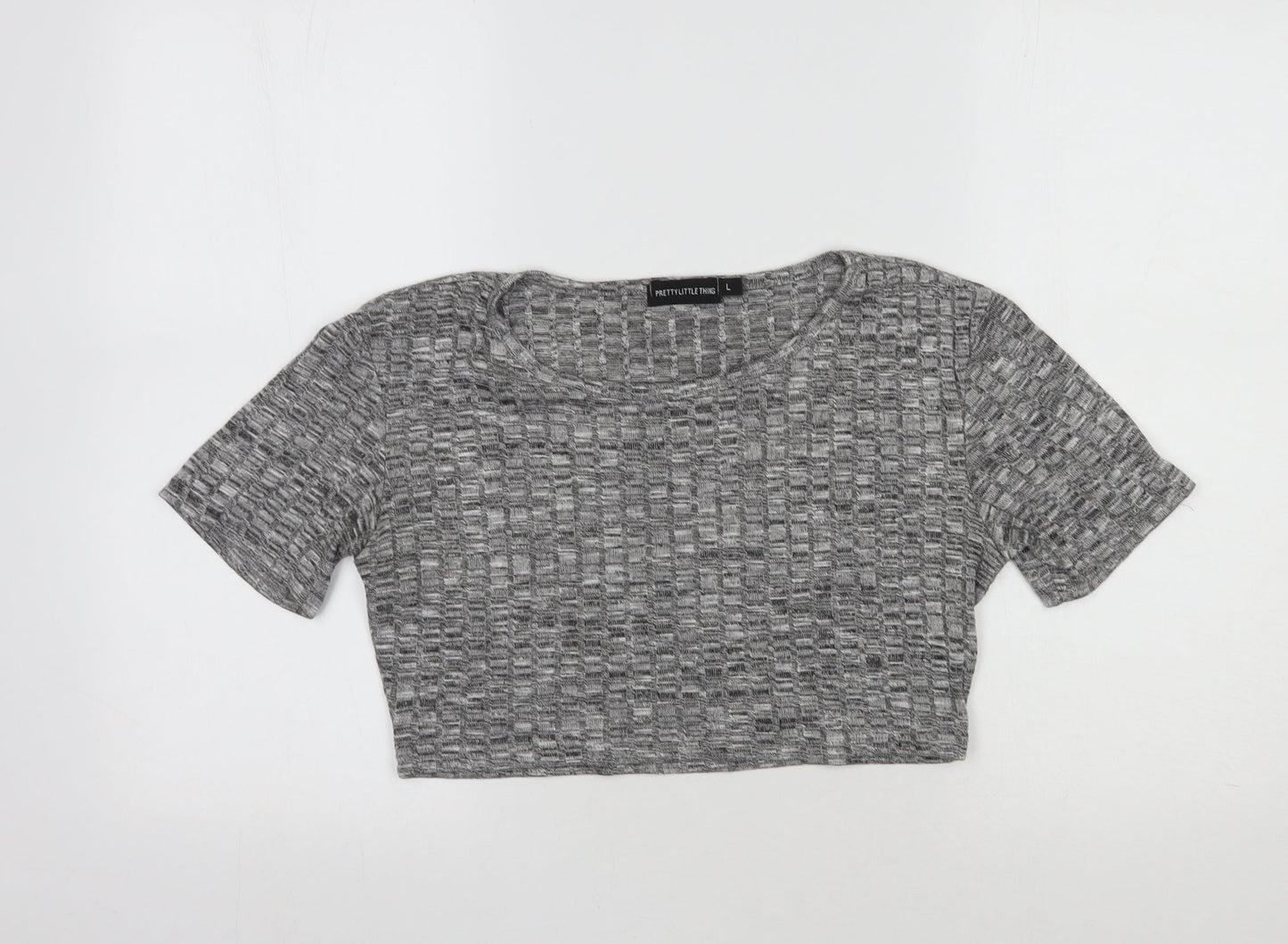 PRETTYLITTLETHING Womens Grey Striped Polyester Cropped T-Shirt Size L Round Neck