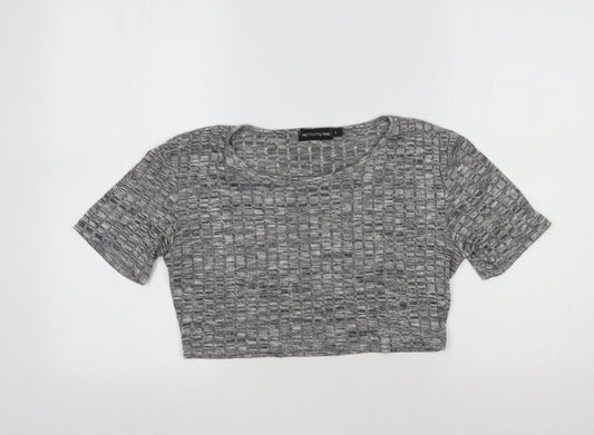 PRETTYLITTLETHING Womens Grey Striped Polyester Cropped T-Shirt Size L Round Neck