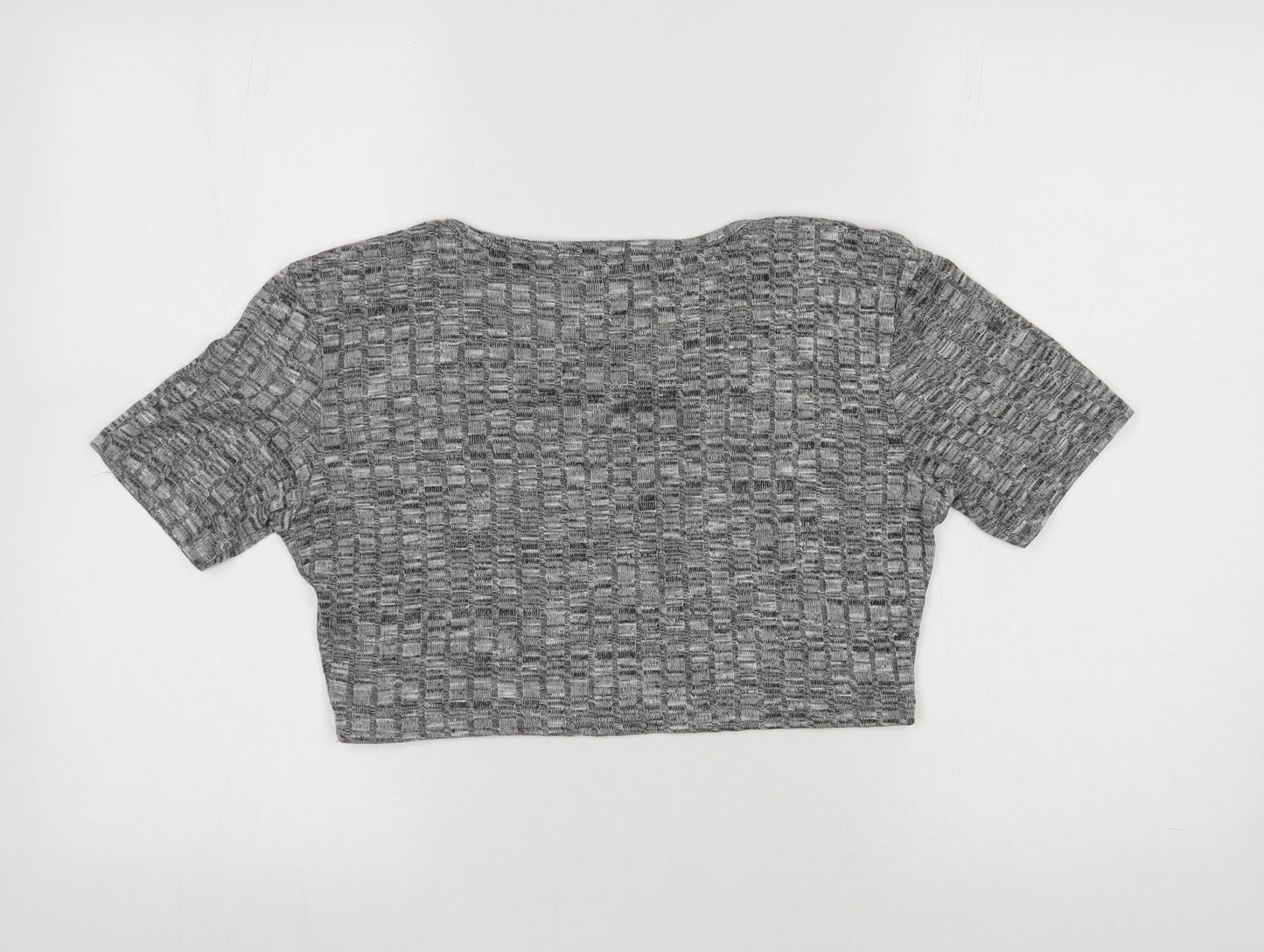 PRETTYLITTLETHING Womens Grey Striped Polyester Cropped T-Shirt Size L Round Neck