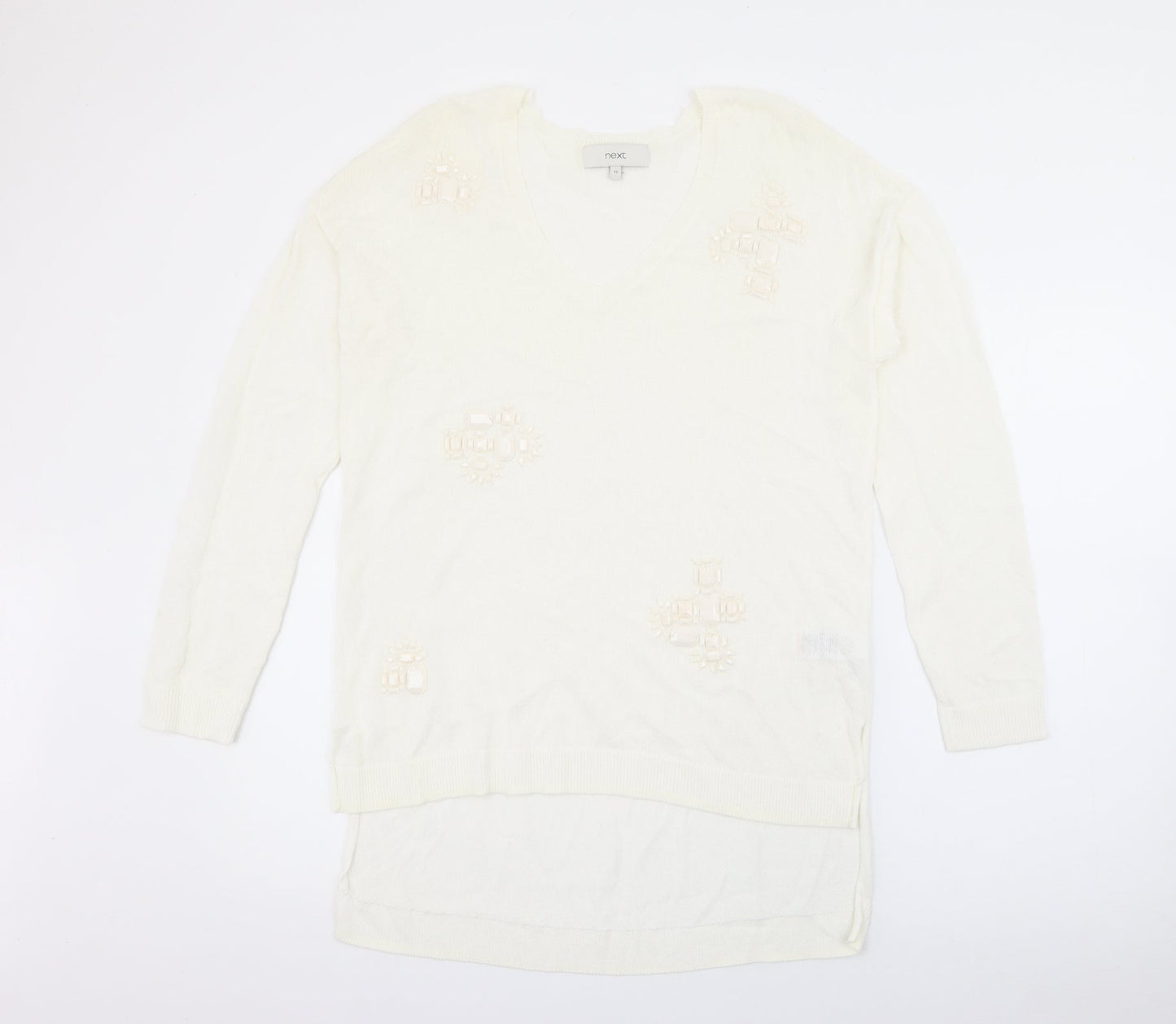 NEXT Womens White V-Neck  Viscose Pullover Jumper Size 12