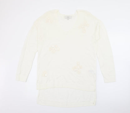 Next Womens White V-Neck  Viscose Pullover Jumper Size 12